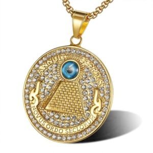 “Novus ordo seclorum”Masonic Round Pendants Necklaces Illuminati Pyramid Gold 316L Stainless Steel Men Jewelry