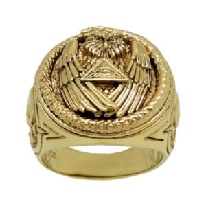 Gold 14K men ring, Illuminati All Seeing Eye ring, Snake Owl Skull masonic mens power ring